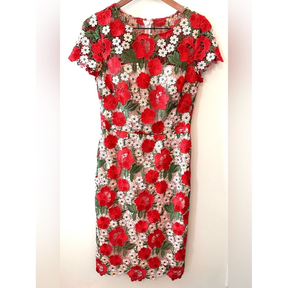 NWOT David Meister 3D Floral Lace Embroidered Appliqué Sheath Dress Size 6